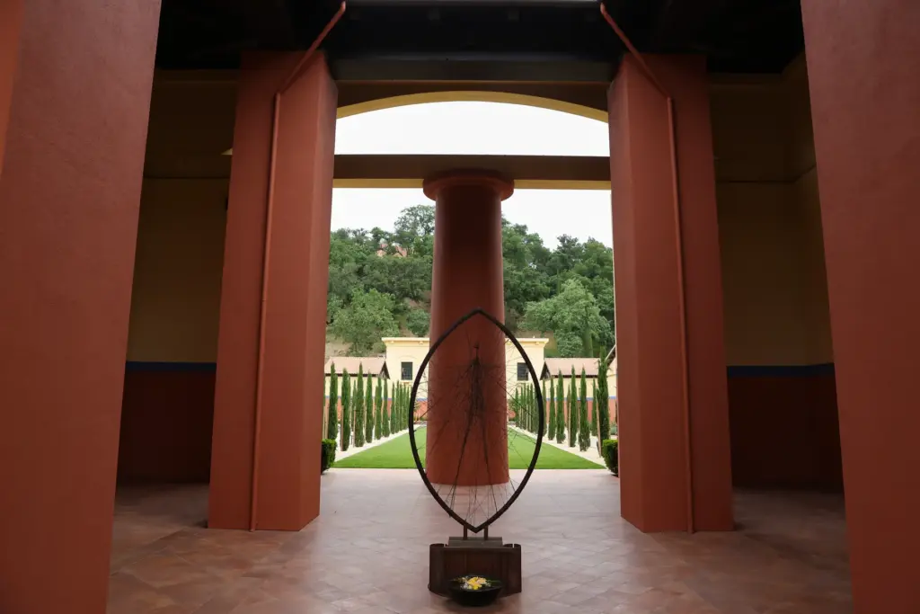 The new entrance to Clos Pegase Winery features a sculpture...