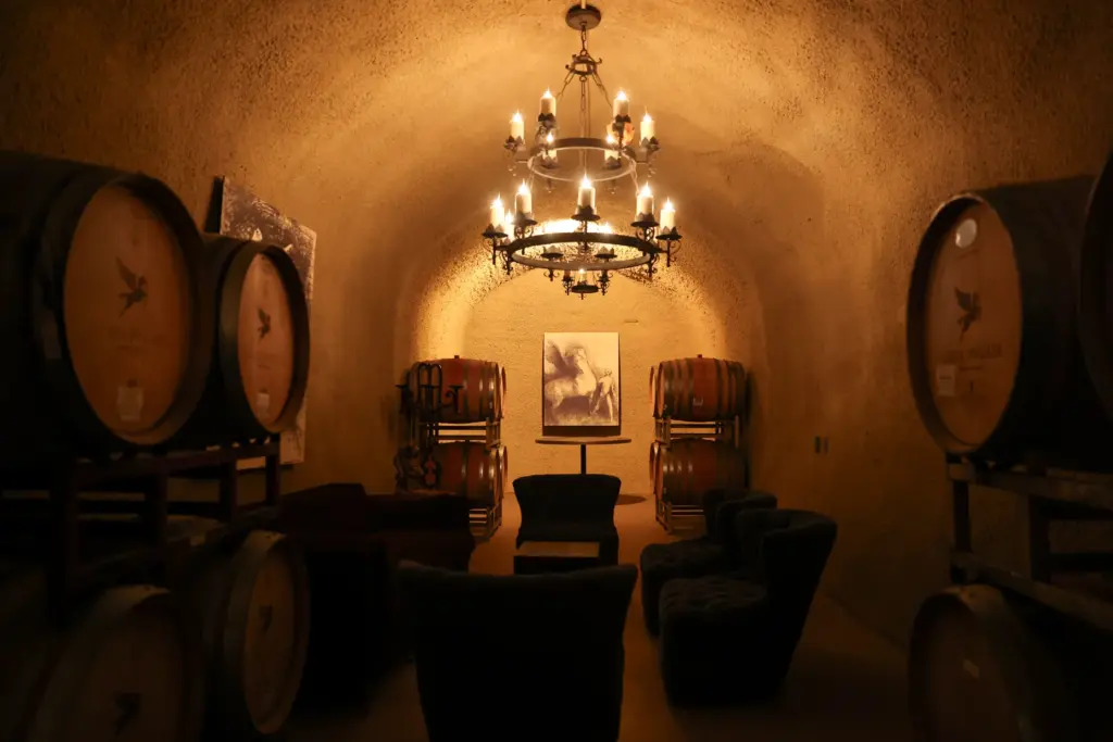 A lounge area within the vine cave at Clos Pegase...