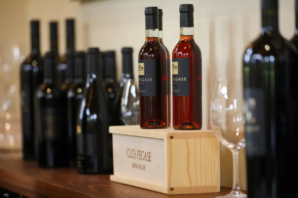Bottles of wine in the tasting room at Clos Pegase...