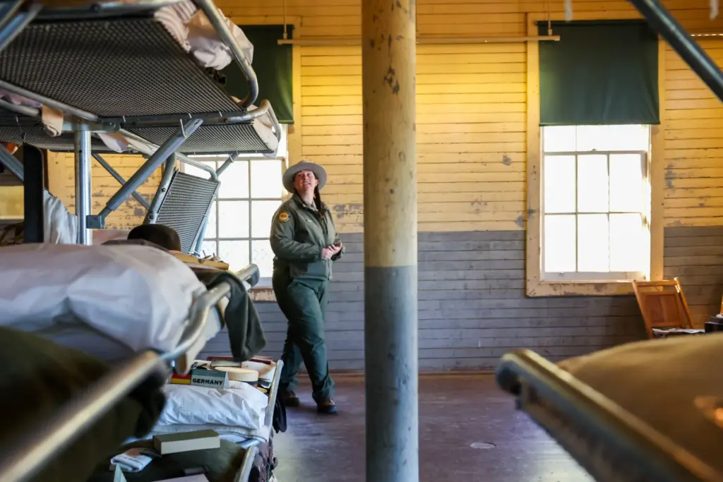 Angel Island State Park Interpreter Casey Dexter-Lee shows the menâs...