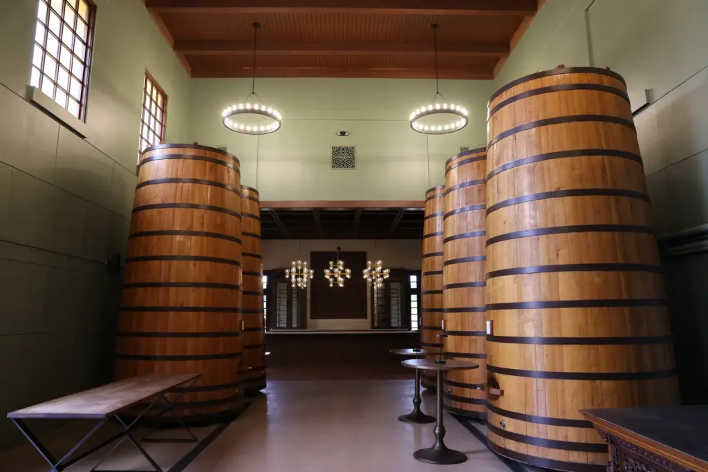The cask room at Clos Pegase Winery near Calistoga on...
