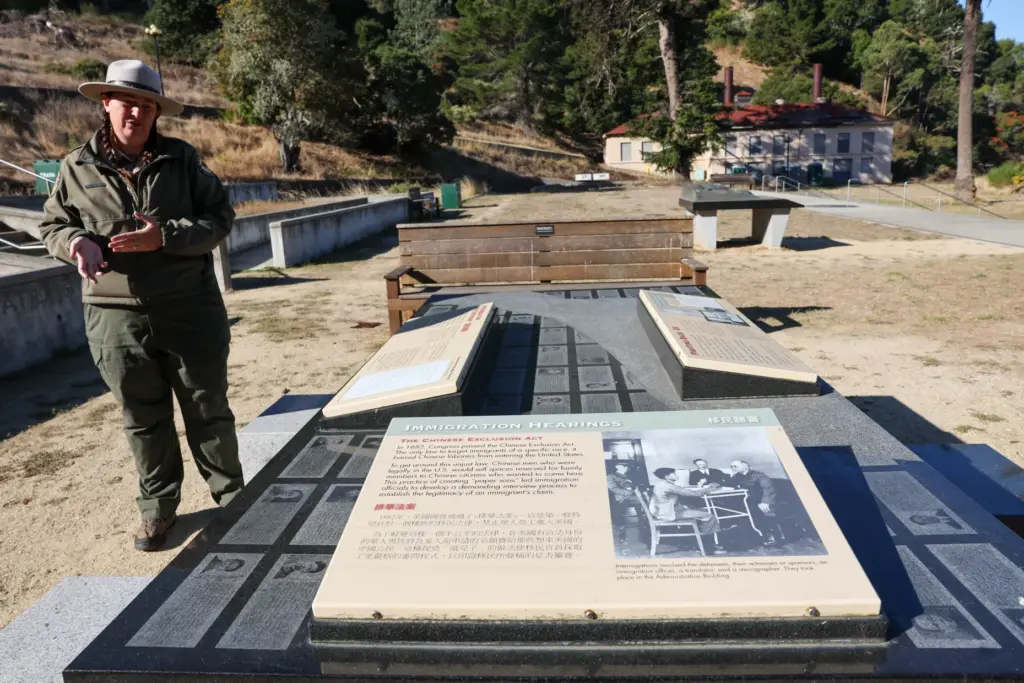Angel Island State Park Interpreter Casey Dexter-Lee stands at the...