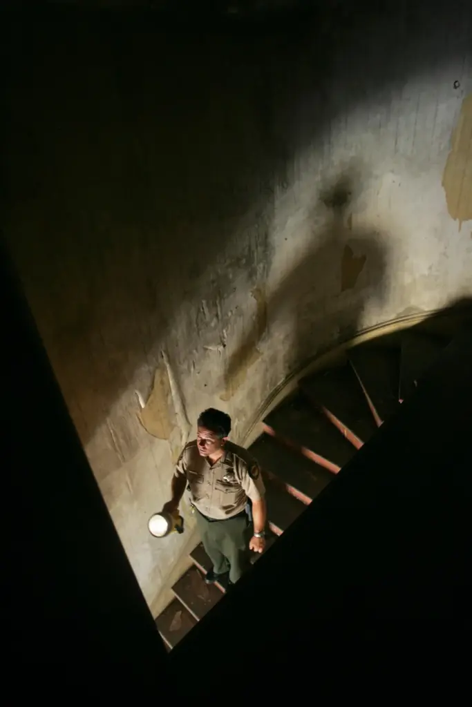 Dave Matthews, the Angel Island Superintendent, inspects a one of...