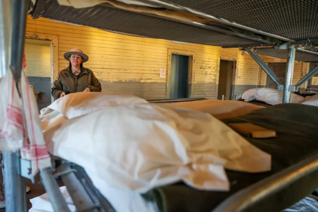 Angel Island State Park Interpreter Casey Dexter-Lee shows the menâs...