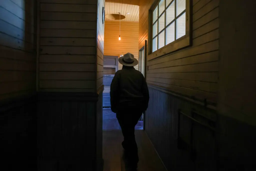 Angel Island State Park Interpreter Casey Dexter-Lee walks through a...