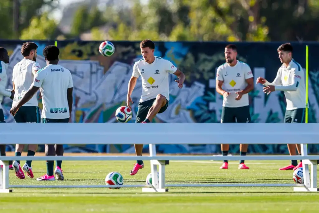 The Australian men's national soccer team practices ahead of World...