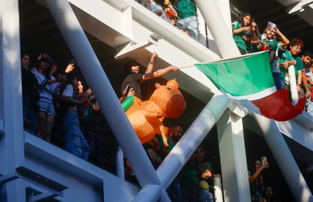 Mexico soccer fans celebrate a goal by Mexico in the...