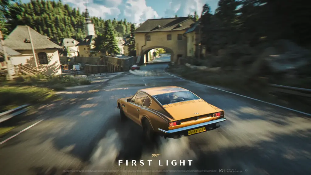 James Bond drives a yellow muscle car while chasing after a rogue agent