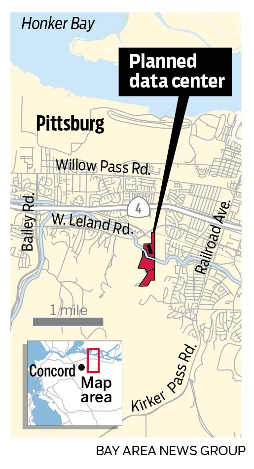 Map showing the future location of an already approved data center that will be build along West Leland Road in Pittsburg. Many residents only recently learned about the development of the hyperscale data center and are protesting the decision.