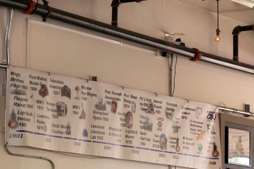 A timeline denoting significant local and national events hangs under...