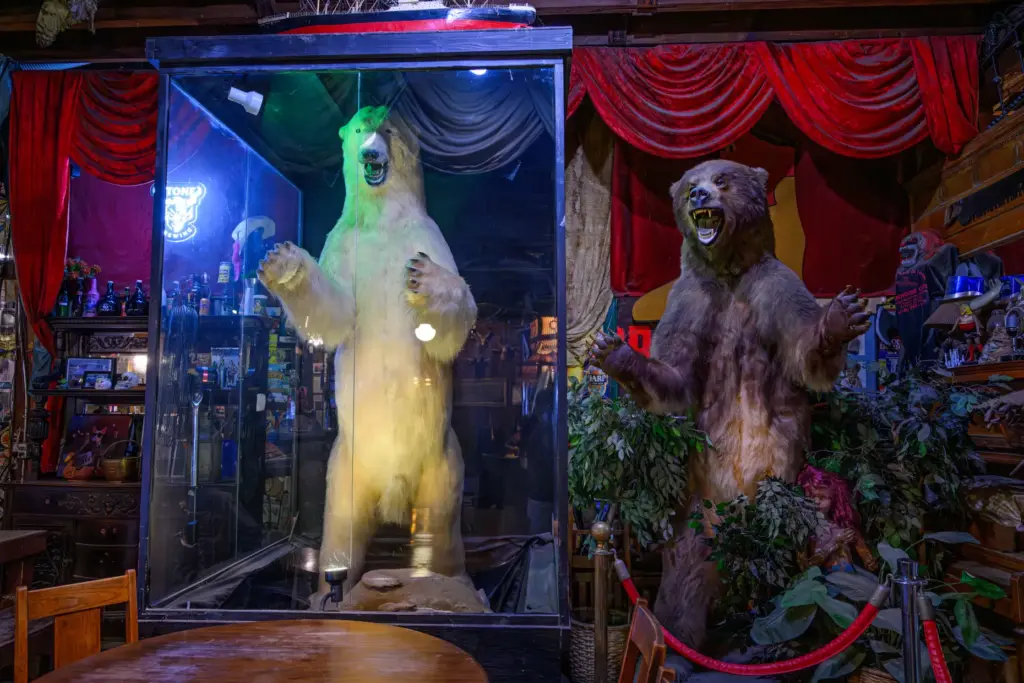 A Polar bear and Kodiak bear greet customers inside the...