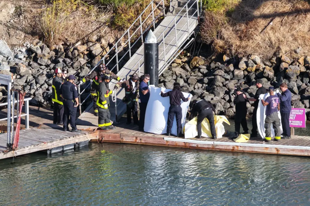 First responders prepare to move a body after a boat...