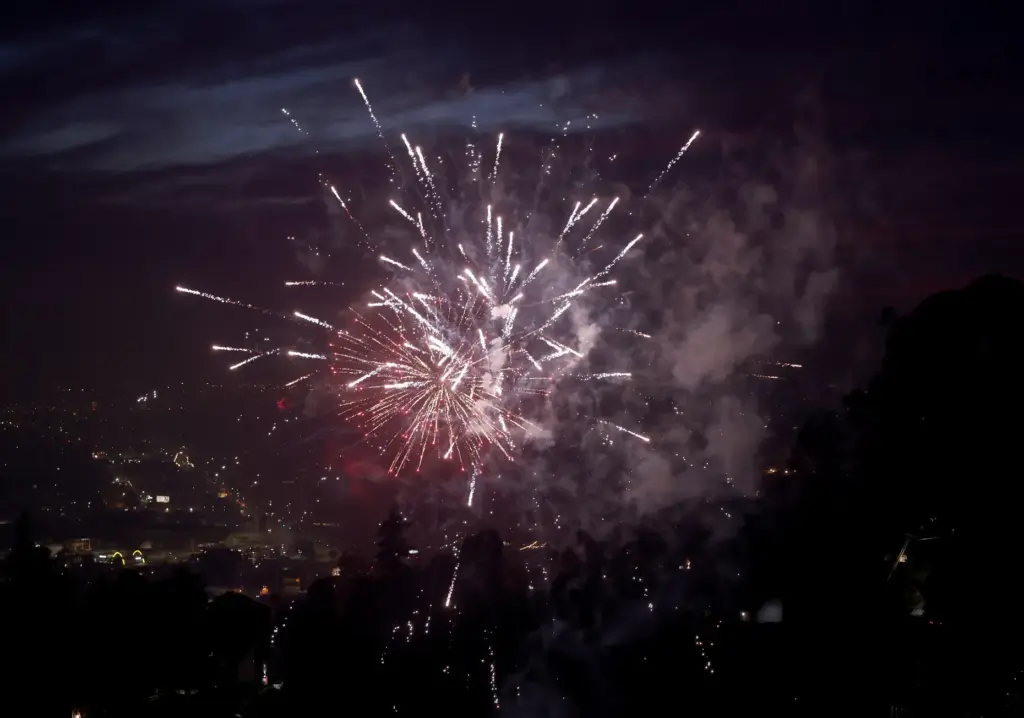 Illegal fireworks are seen from a hillside in East Oakland,...