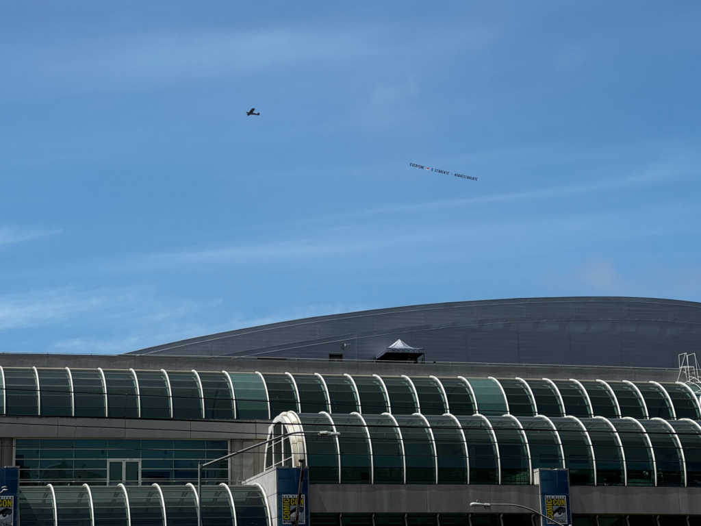 A flyover banner was seen above the San Diego Convention...
