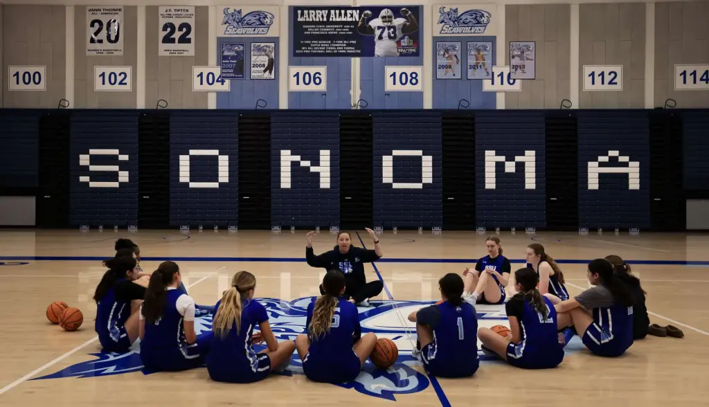 Sonoma State University womenâs basketball coach Des Abeyta, meets with...