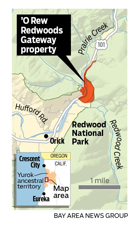 Map showing the location of the 'O Red Redwoods Gateway property, located near the coast of Northern California between Eureka and Cresent City.