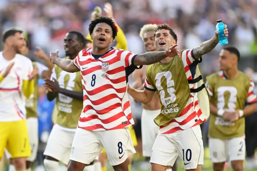 United States’ Weston McKennie (8) and Christian Pulisic (10) celebrate...