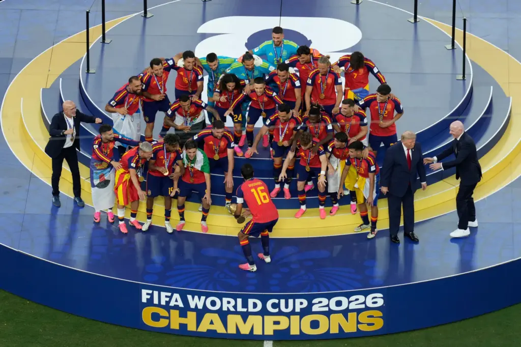 Spain celebrate with the trophy after the World Cup final...