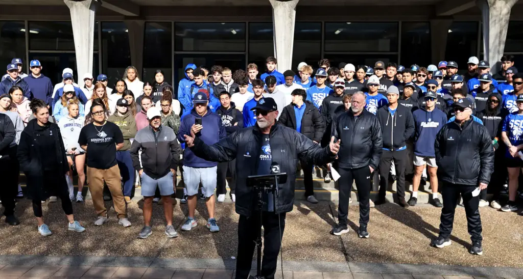 Sonoma State University menâs soccer coach Marcus Ziemer leads a...