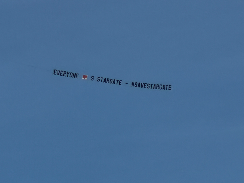 A flyover banner was seen above the San Diego Convention...