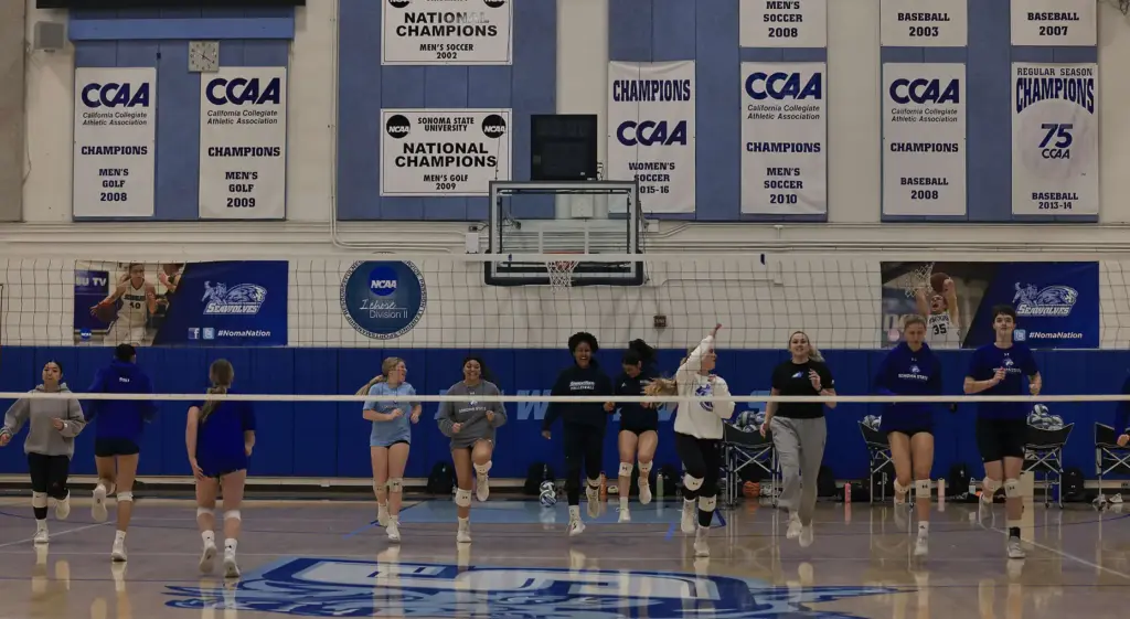Sonoma State Universityâs womenâs volleyball team begin their practice, Friday,...