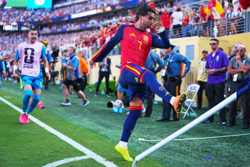 Spain’s Ferran Torres (7) celebrates scoring their first goal during...