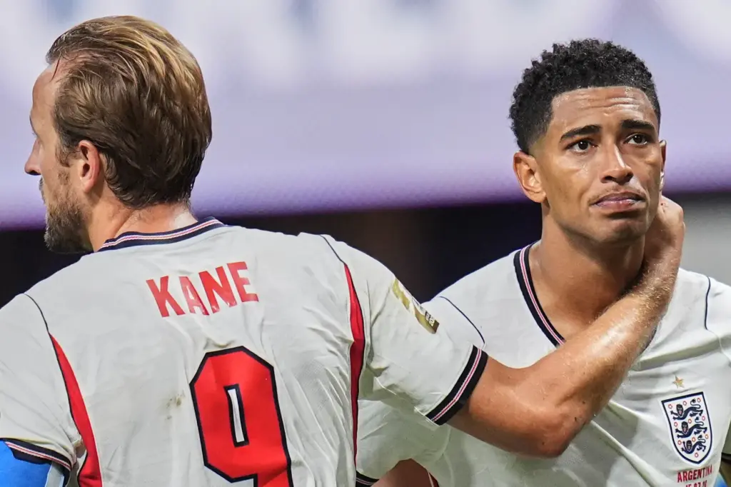 England’s Harry Kane (9) and England’s Jude Bellingham (10) are...