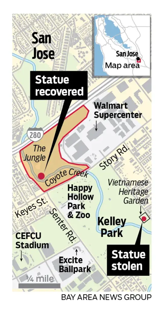 This is a map showing the original location of the statue stolen from the Vietnamese Heritage Garden in San Jose; and the map also shows where the statue was recovered, less than a mile away in 'The Jungle,' which was once the city's largest homeless encampment.