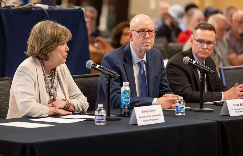SSU Interim President Emily Cutrer, left to right, CSU CFO...