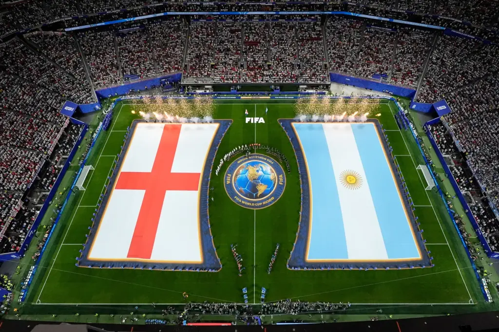 England and Argentina stand before the World Cup semifinal soccer...