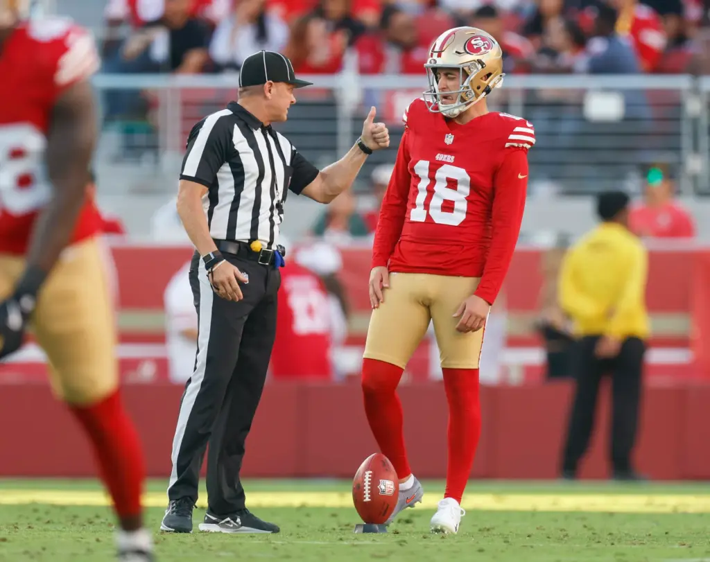 San Francisco 49ers' Eddy PiÃ±eiro (18) gets a thumbs up...