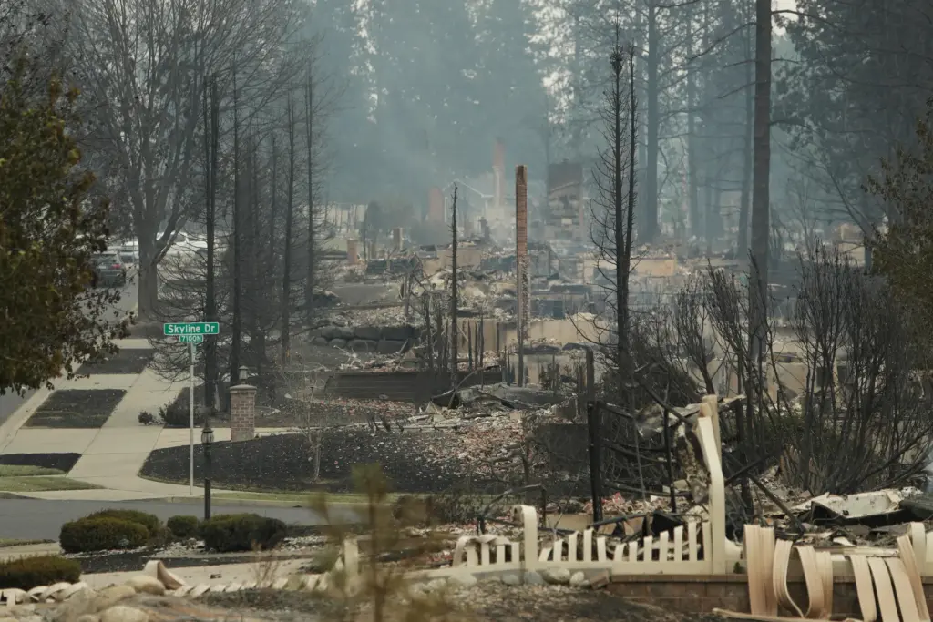 Structures are burned to the ground after a wildfire in Spokane, Washington.