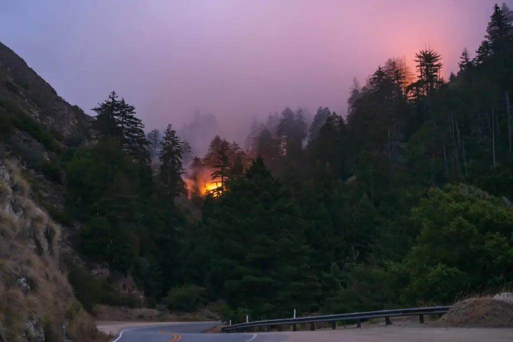 The Timber Fire burns above Grimes Canyon in Big Sur...
