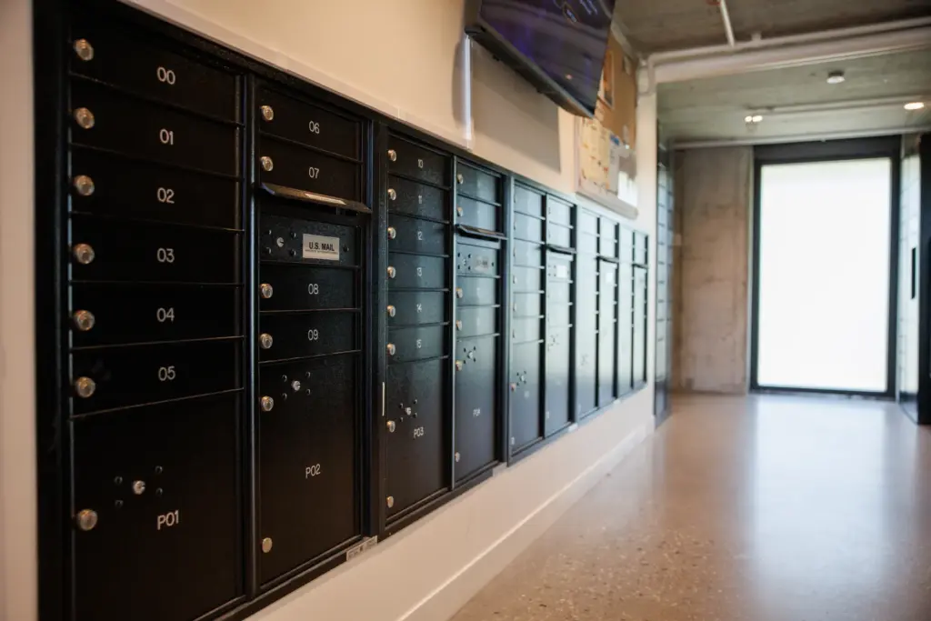 Mailboxes at The Charles, a 99-unit apartment complex for low-income...