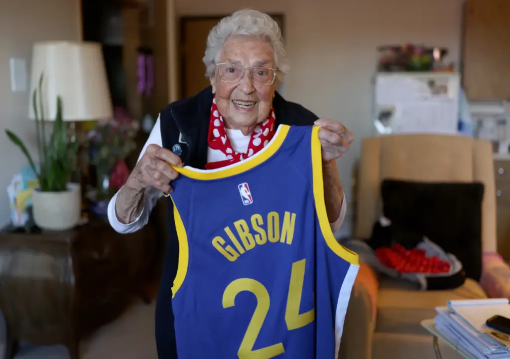 Former Rosie the Riveter Jeanne Gibson, 98, with a shirt...