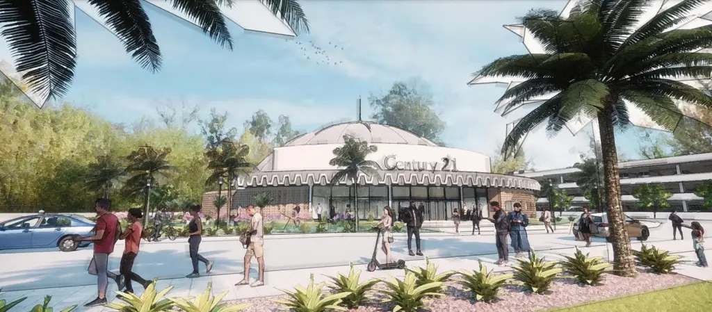 Entry area of domed former Century 21 movie theater building...