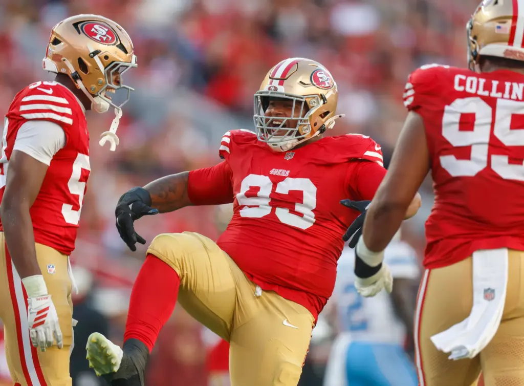 San Francisco 49ers' Gracen Halton (93) celebrates a sack, which...