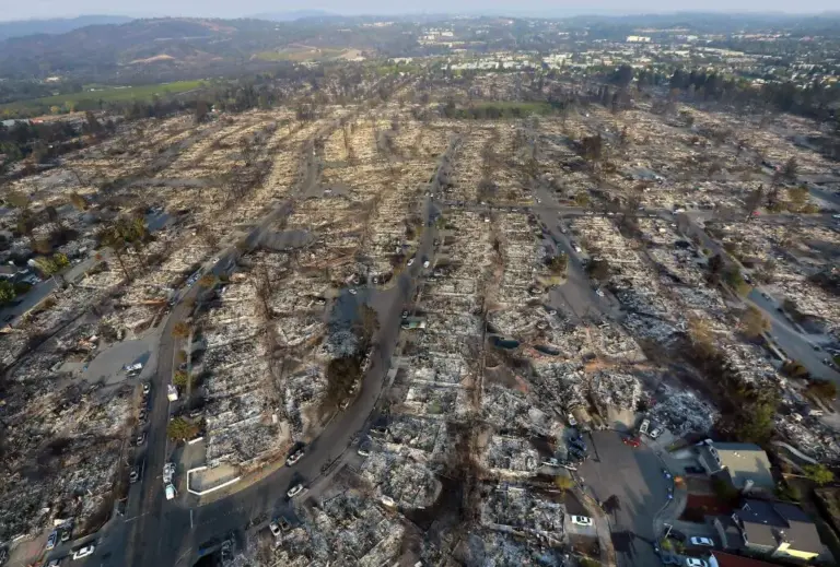 An aerial view of the destruction in Coffey Park in...