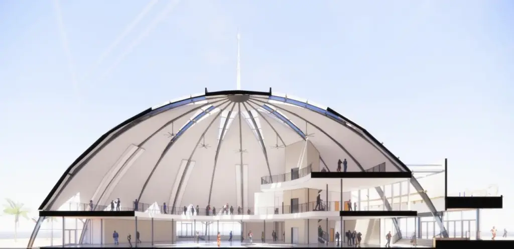Cutaway view of domed former Century 21 movie theater building...