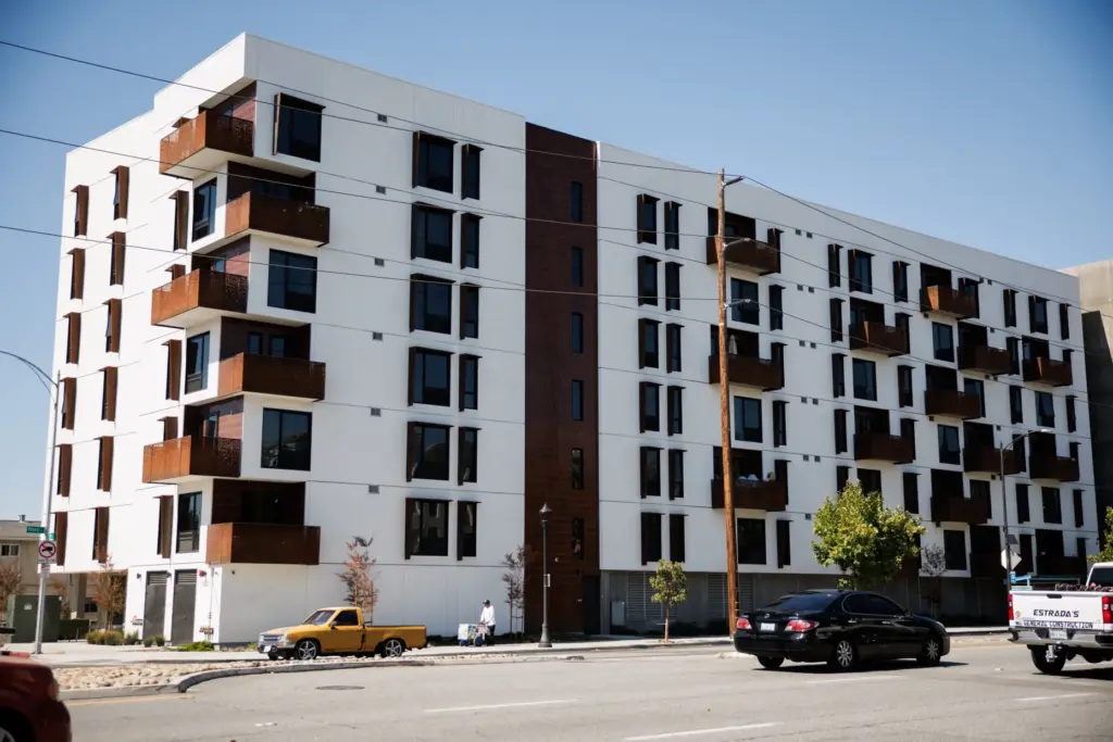 An exterior view of The Charles, a 99-unit apartment complex...