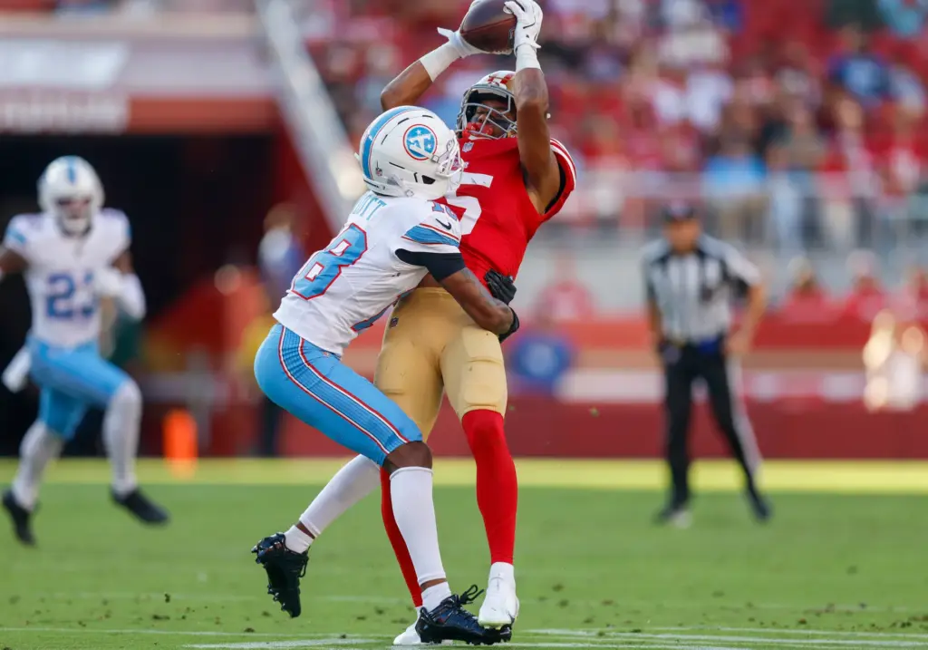 San Francisco 49ers' De'Zhaun Stribling (15) makes a catch against...