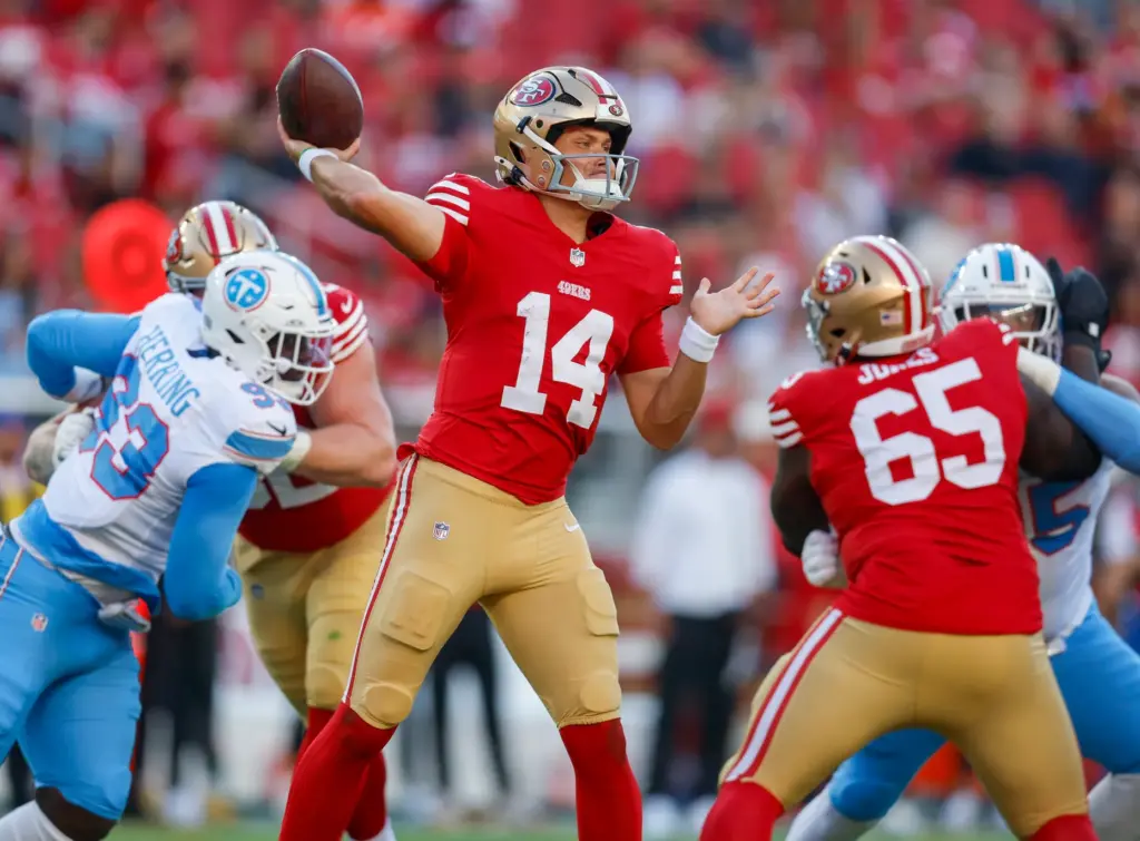 San Francisco 49ers quarterback Kurtis Rourke (14) throws against the...