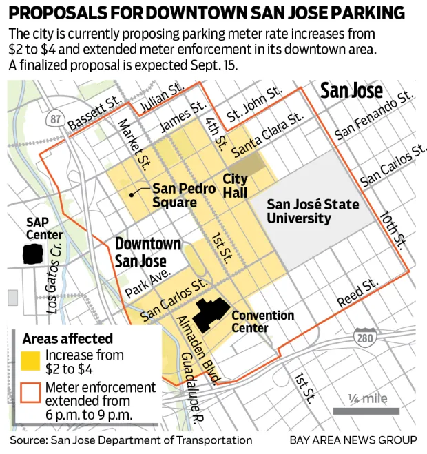 A map of downtown San Jose, showing the boundaries of the area where the city is currently proposing parking meter rate increases from $2 to $4 and extended meter enforcement in its downtown area. A finalized proposal is expected Sept. 15.