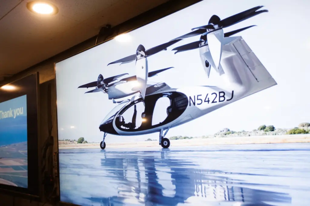 Joby Aviation's electric air taxi is displayed on a monitor...
