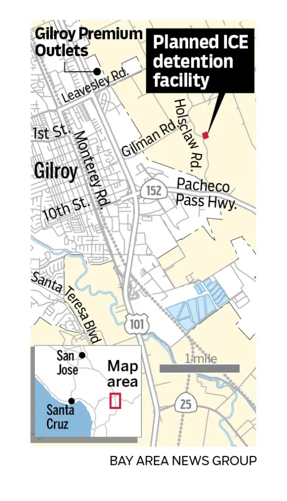 This is a map showing the location of a planned U.S. Immigration and Customs Enforcement detention facility just outside of the eastern boundary of Gilroy, Calif.