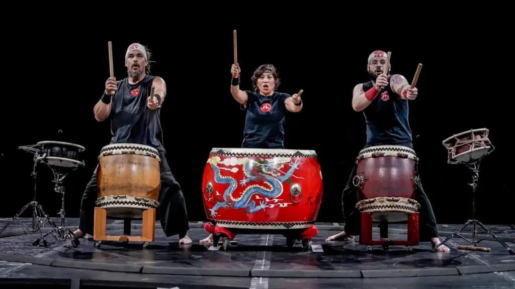 Taiko drummers perform during a World Elite Sumo tournament. (World...