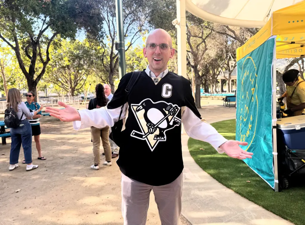 San Jose Downtown Association CEO Brian Kurtz jokingly wore a...