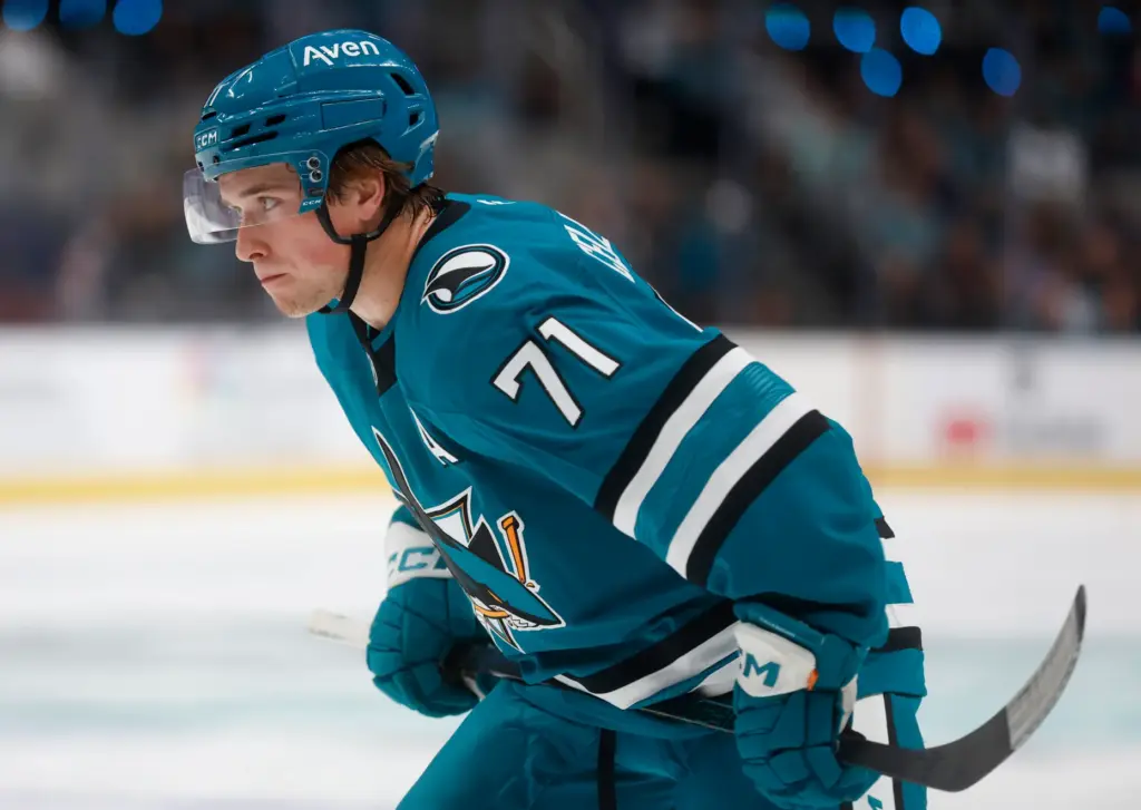 San Jose Sharks' Macklin Celebrini (71) waits for a face-off...