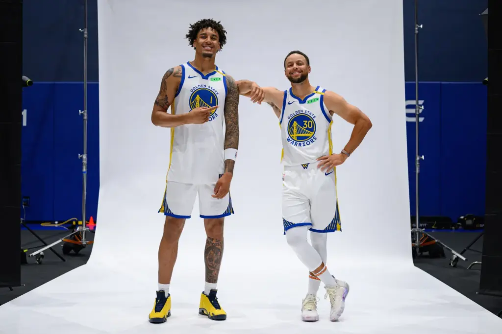 Golden State Warriorsâ Yaxel Lendeborg (1) poses with Golden State...