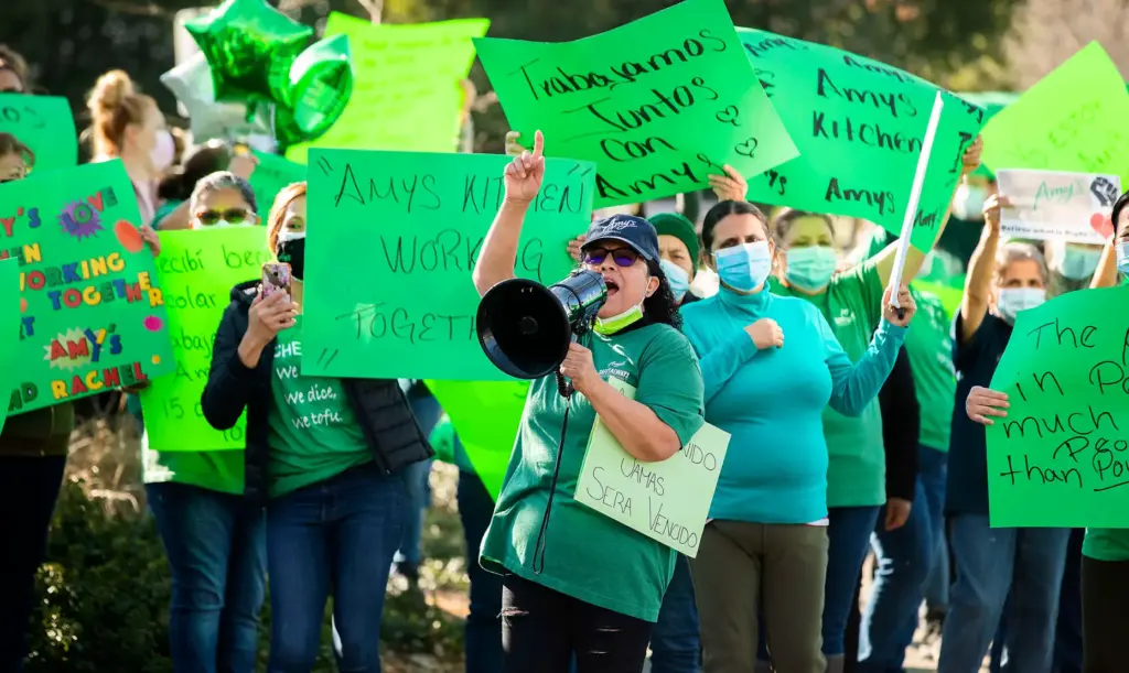 Amyâs Kitchen supporters and allied employees raise their voices during...